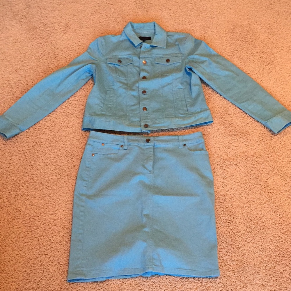 Talbots's robin egg blue denim jacket and skirt